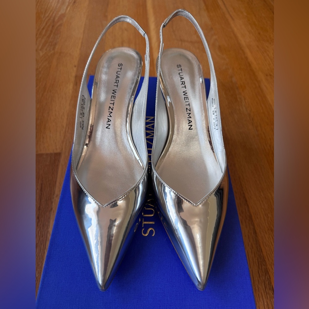 Stuart Weitzman Eva 50 Slingback Pumps Metallic Silver Leather NIB Sz 6.5 / 37 - Picture 5 of 10